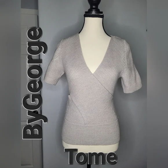 NWT Tome ByGeorge Merino Wool Short Sleeve Wrap Cutout Gray Womens Sweater Sz M